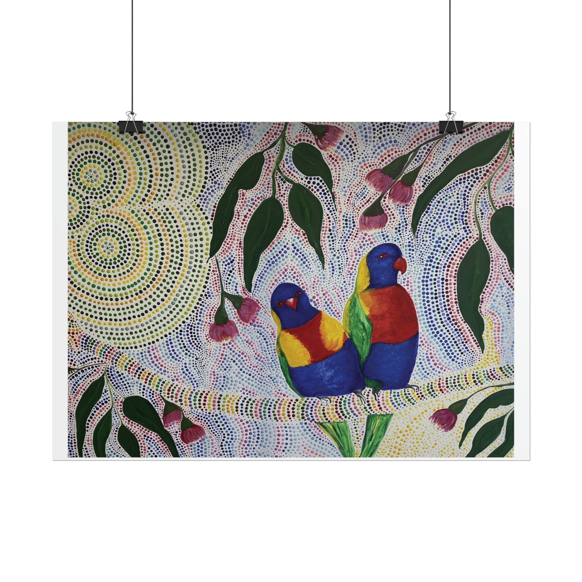 Two Rosellas in a Gum Tree Artist Kim's Dot Paintings Rolled Poster - Lost Manly Shop