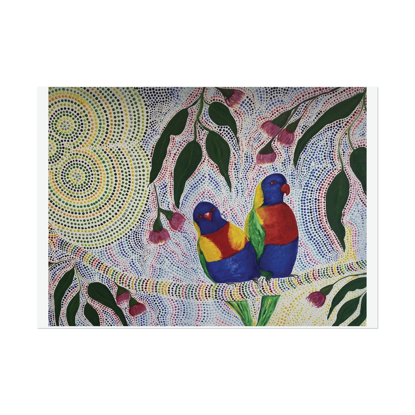 Two Rosellas in a Gum Tree Artist Kim's Dot Paintings Rolled Poster - Lost Manly Shop