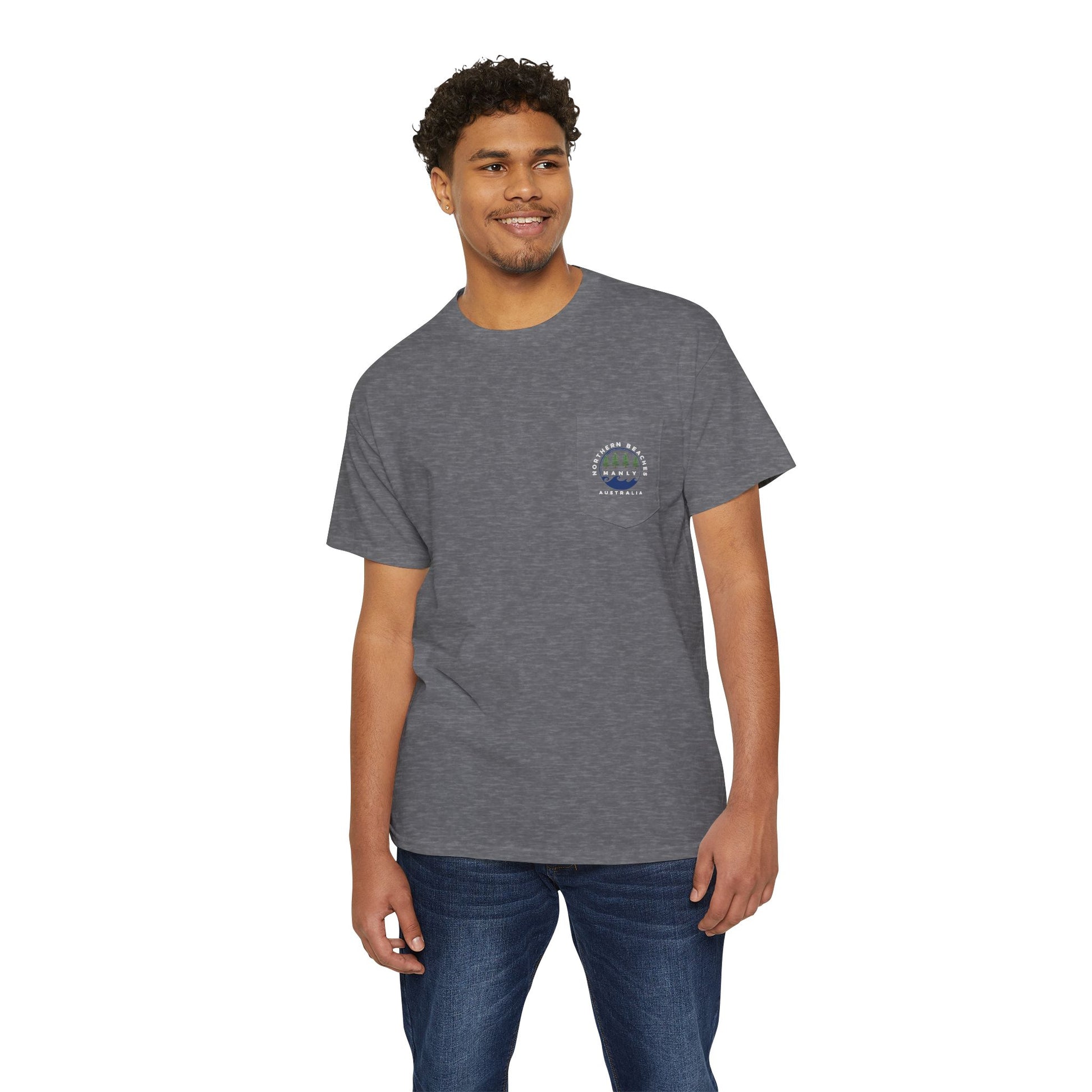 Northern Beaches Manly Australia front/back Logo Heavy Cotton Pocket Tee - Lost Manly Shop