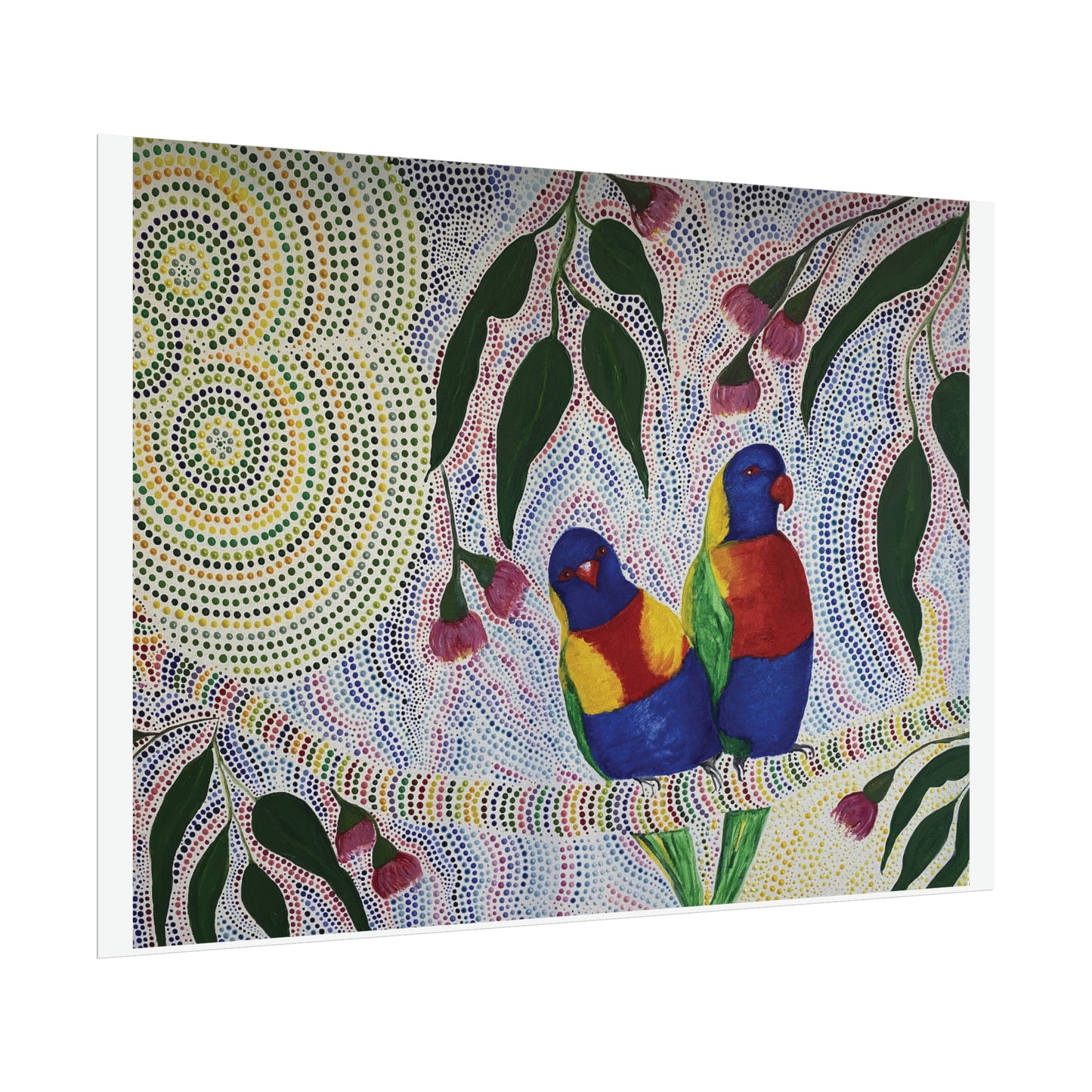 Two Rosellas in a Gum Tree Artist Kim's Dot Paintings Rolled Poster - Lost Manly Shop