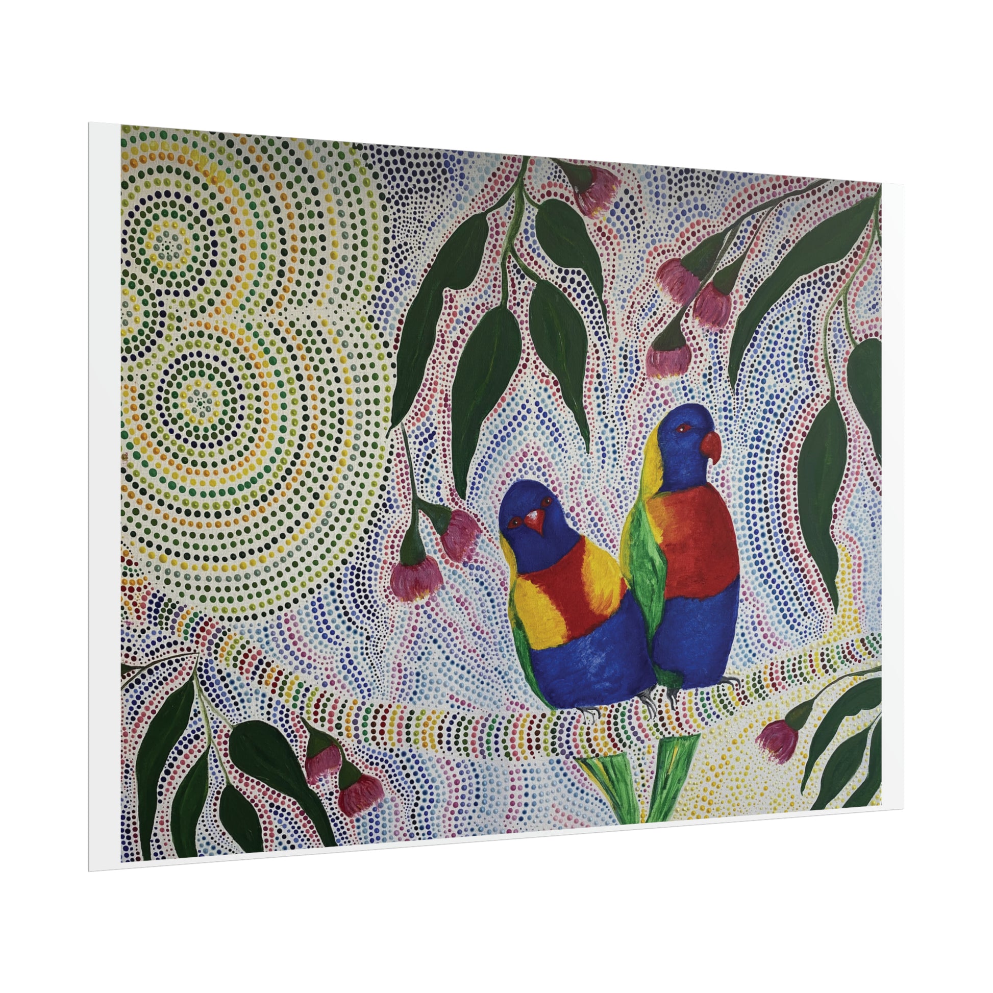 Two Rosellas in a Gum Tree Artist Kim's Dot Paintings Rolled Poster - Lost Manly Shop