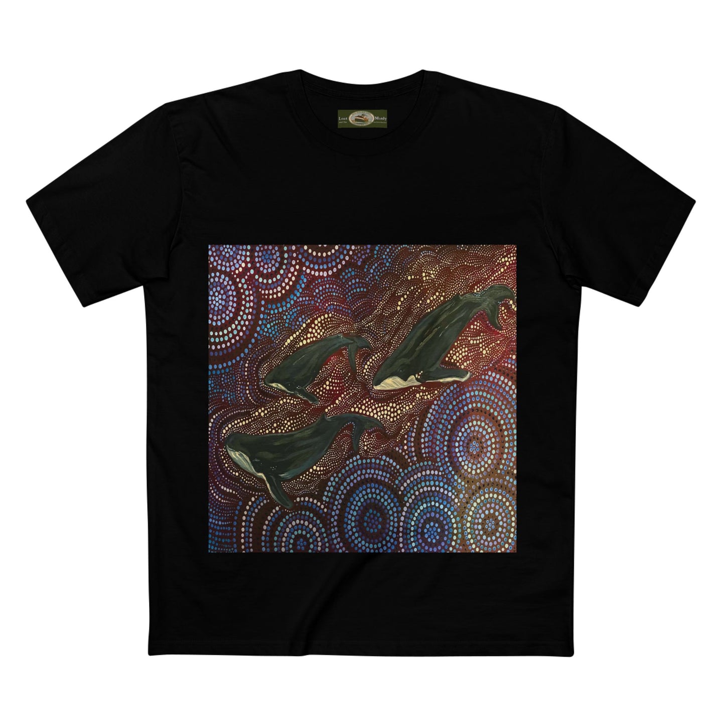 Adult T-Shirt Three Whales at Long Reef Dot Painting by local Indigenous Artist - Lost Manly Shop