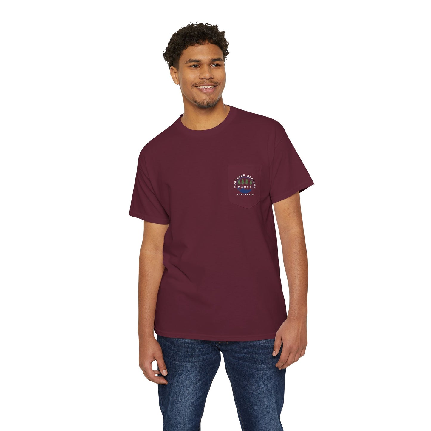 Northern Beaches Manly Australia front/back Logo Heavy Cotton Pocket Tee - Lost Manly Shop