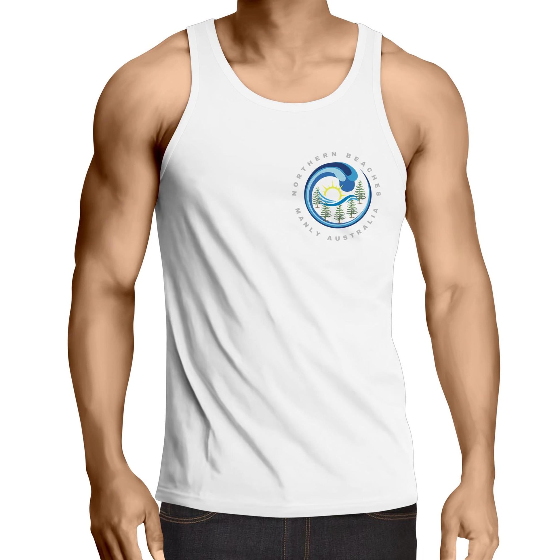 Northern Beaches Manly Australia front and back logo on AS Colour Adult Cotton Singlet - Lost Manly Shop