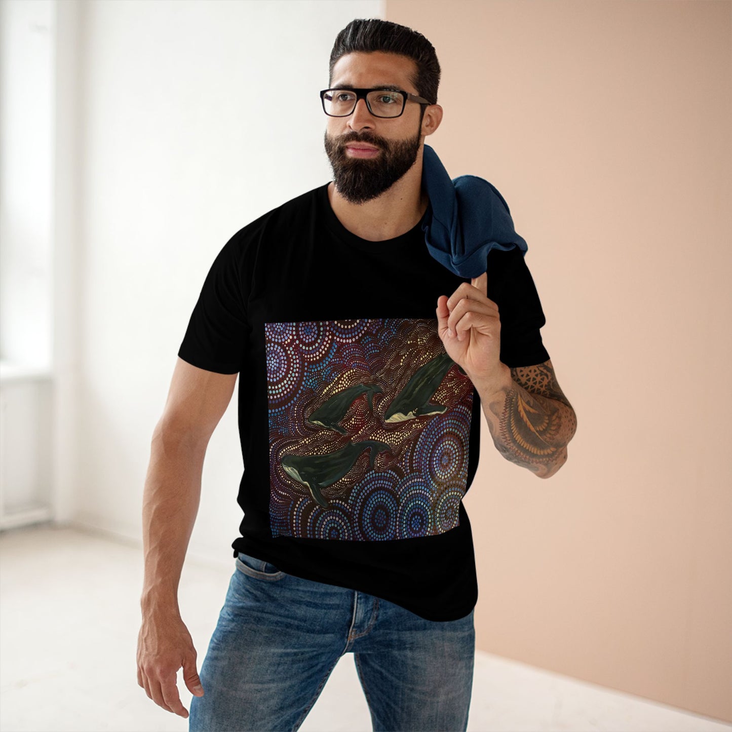 Adult T-Shirt Three Whales at Long Reef Dot Painting by local Indigenous Artist - Lost Manly Shop