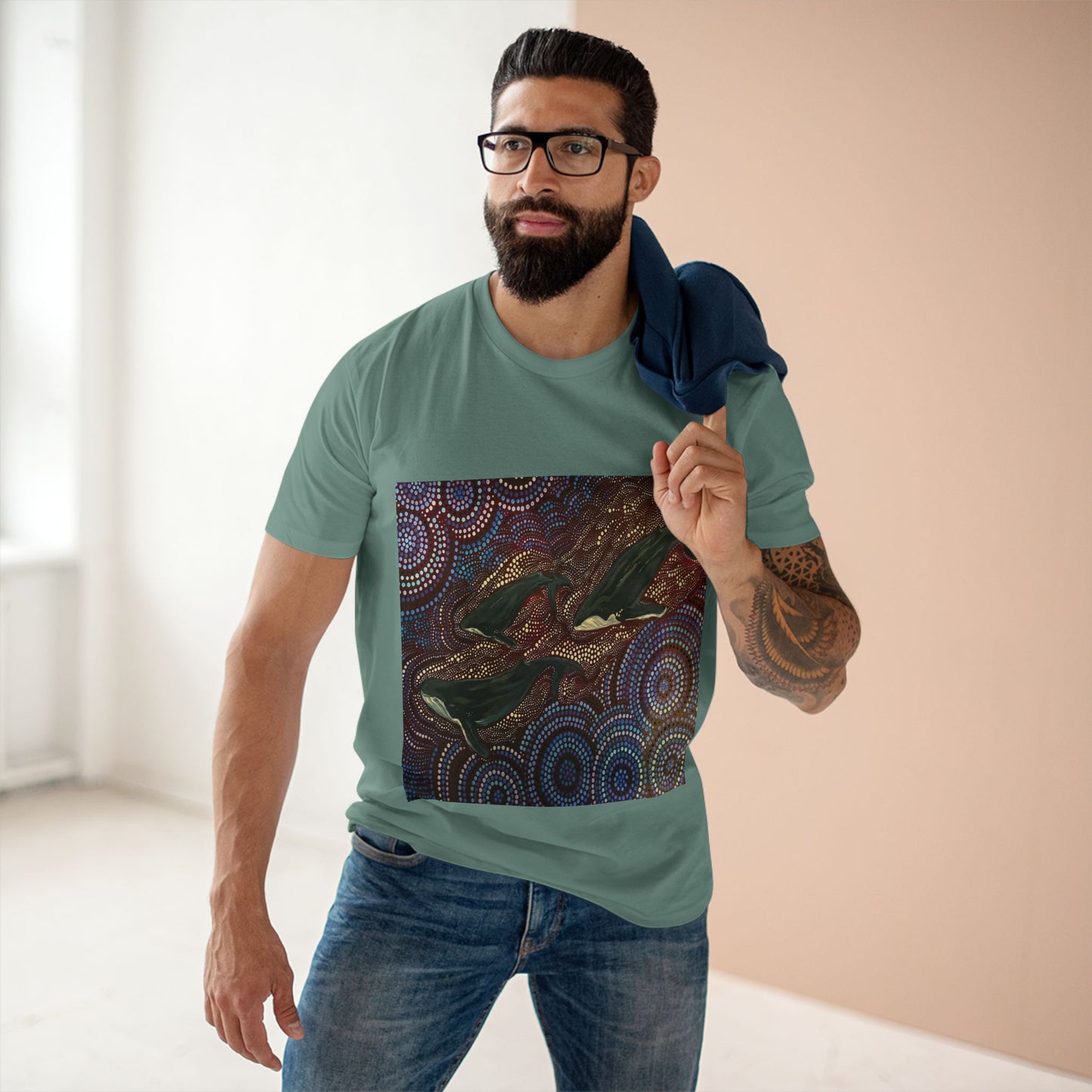 Adult T-Shirt Three Whales at Long Reef Dot Painting by local Indigenous Artist - Lost Manly Shop