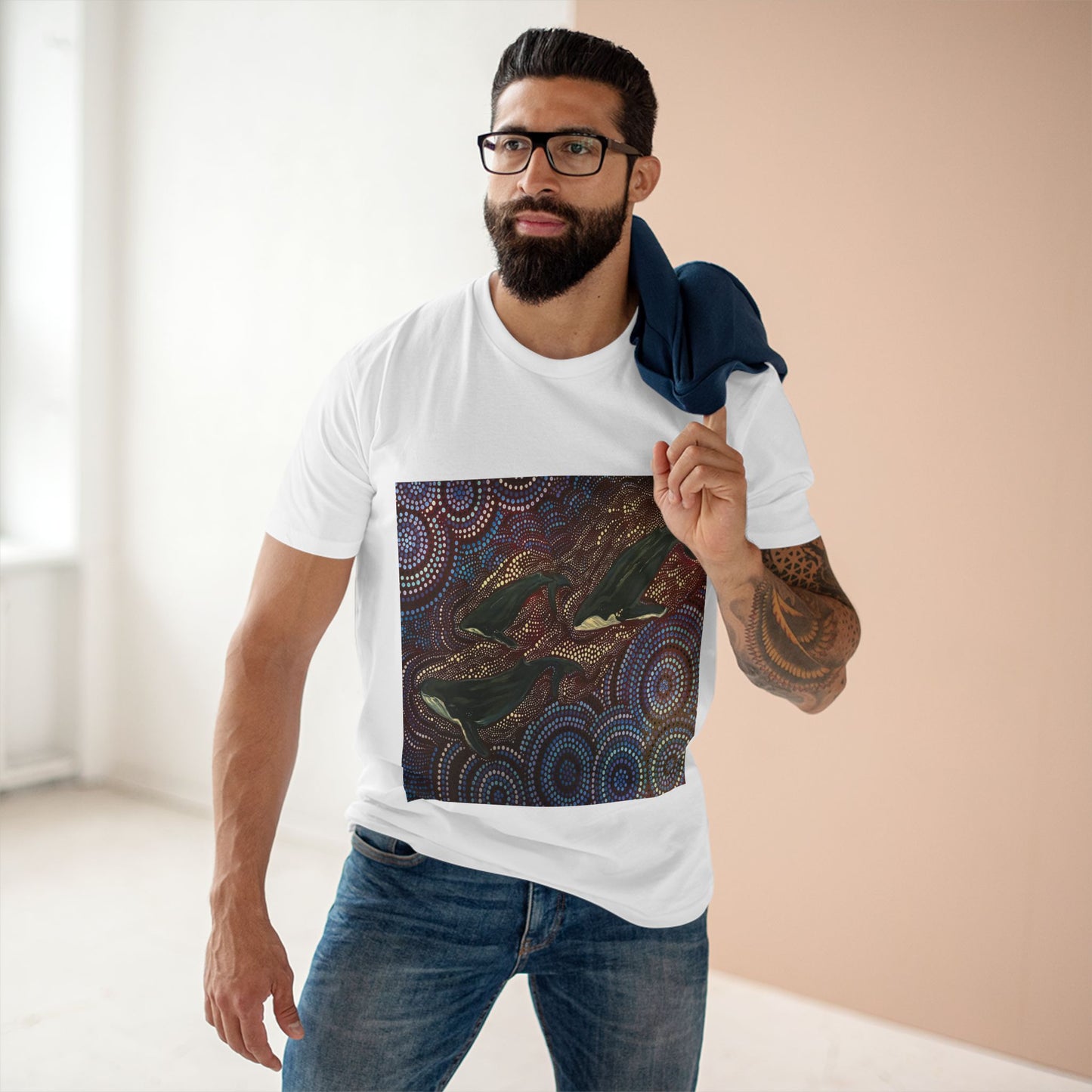 Adult T-Shirt Three Whales at Long Reef Dot Painting by local Indigenous Artist - Lost Manly Shop