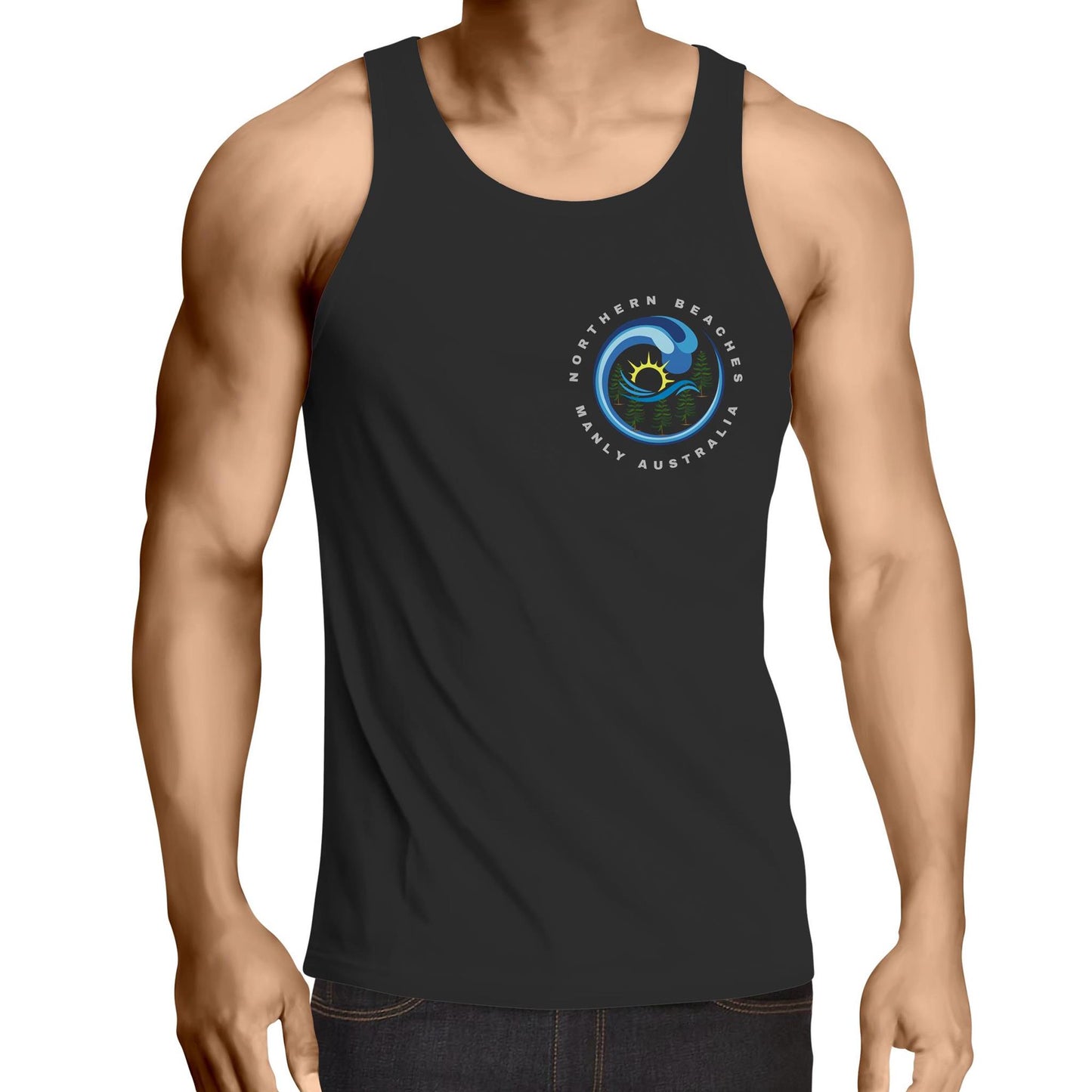 Northern Beaches Manly Australia front and back logo on AS Colour Adult Cotton Singlet - Lost Manly Shop