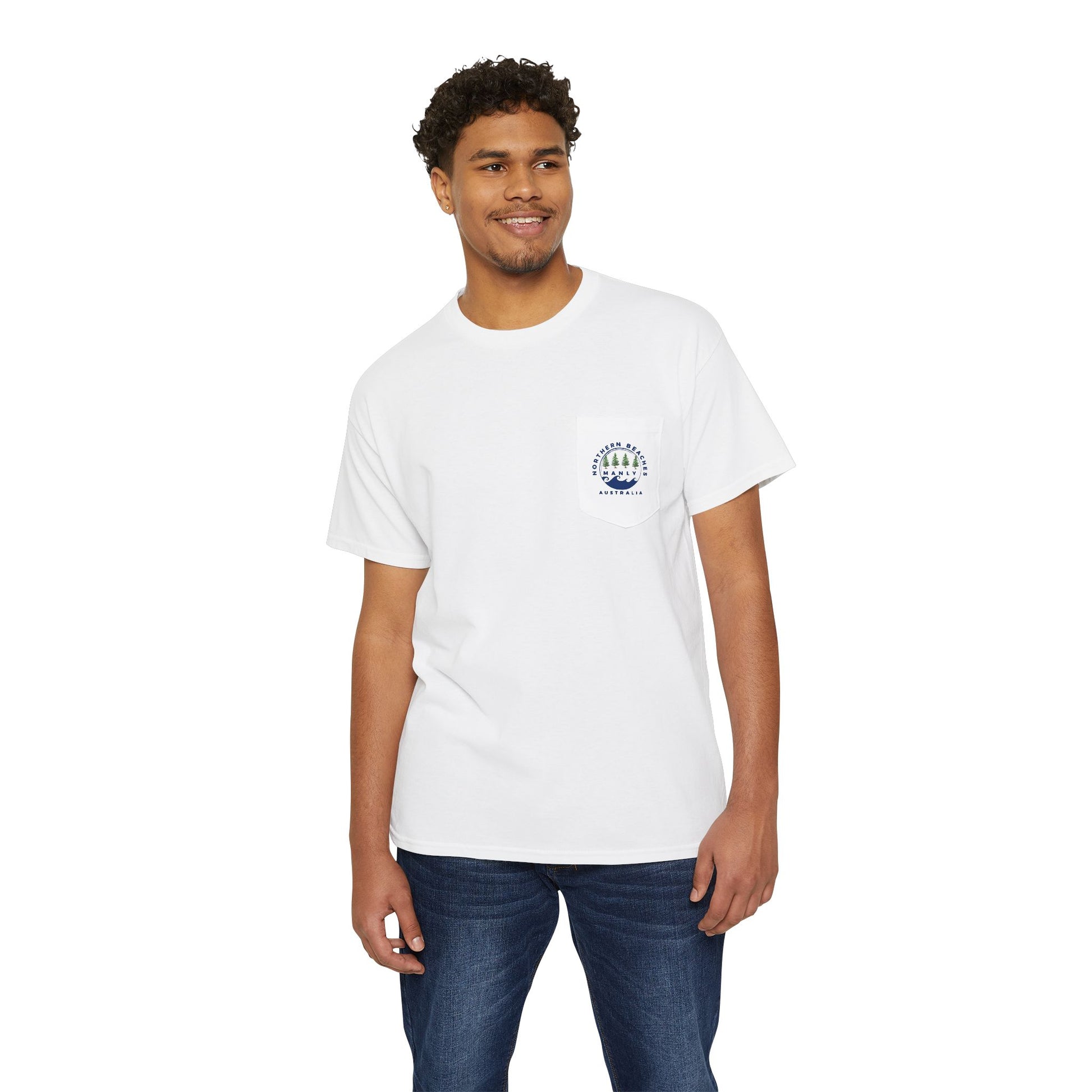 Northern Beaches Manly Australia front/back Logo Heavy Cotton Pocket Tee - Lost Manly Shop