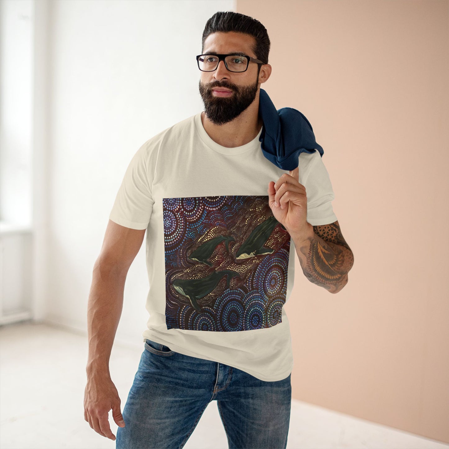 Adult T-Shirt Three Whales at Long Reef Dot Painting by local Indigenous Artist - Lost Manly Shop